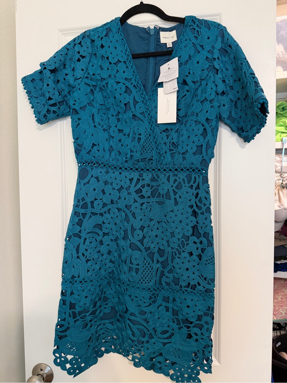 Adelyn Rae Teal Crochet Lace V-Neck Dress